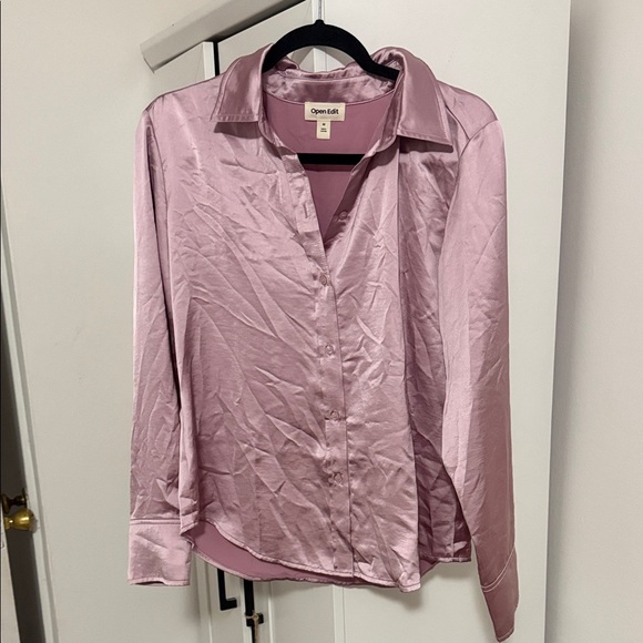 Open Edit Tops - Open Edit Dusty Pink Satin Button-Front Blouse